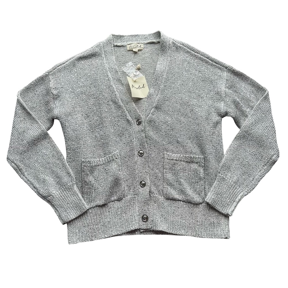 Marled Cardigan Sweater Size M Gray Cotton Knit V-Neck Patch Pocket Front Button